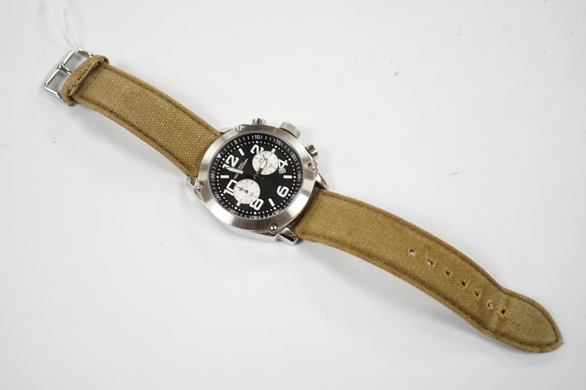 A gentleman's modern stainless steel 'Original Montgomery' chronograph quartz wrist watch, on a fabric and leather strap, design based on a model used by the British Army during WWII.